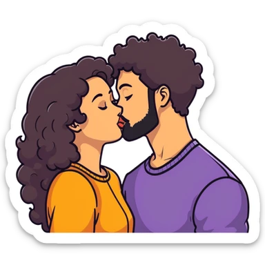 Curly haired girl kissing straight hair man with beard, romantic couple sticker