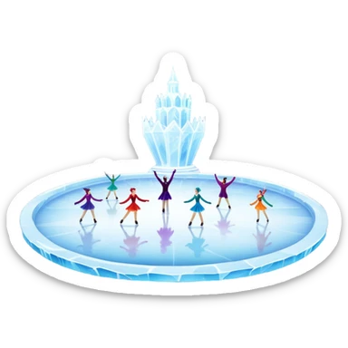 An icon of a theatrical ice show with costumed figure skaters performing a dramatic scene on a glowing ice stage. Spotlights, colorful scenery, and a cheering audience in a grand arena convey the magic and artistry of the ice performance. Transparent background included. sticker