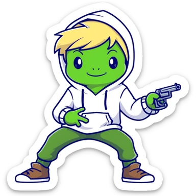 Create an animated boy with blonde hair wearing a frog hoodie, pointing a gun forward. Match the pose and style of the reference image but remove the watermark. Make it suitable for a Discord sticker style. sticker