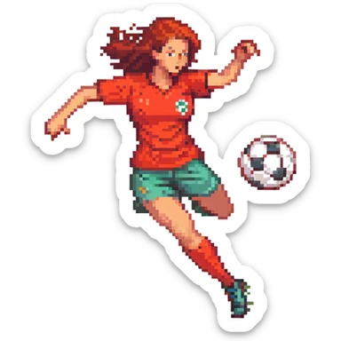 woman playing soccer, wearing a red shirt, energetic pose, clear soccer ball, dynamic action sticker