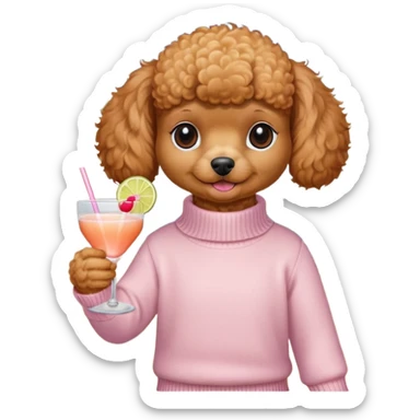Toy poodle, ginger/brown wearing a cream pink jumper, with a cocktail by the beach ￼ sticker