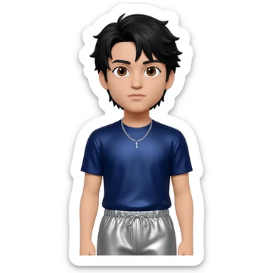 Drake with brown eyes, black hair, navy blue metallic t-shirt, gray metallic baggy pants, silver necklace sticker