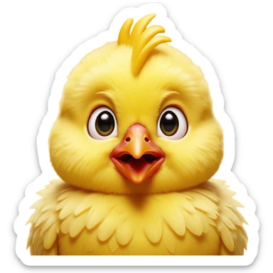 Cinematic Comical Yellow Baby Chicken Portrait Emoji, Head tilted dramatically with an exaggeratedly amused expression, featuring a striking, fluffy yellow downy coat with a tiny quirky red comb, wide, expressive beady eyes filled with playful disbelief, Simplified yet hilariously expressive features, highly detailed, glowing with a slightly sassy glow, high shine, dramatic yet playful, stylized with an air of cheeky mischief, bright and endearing, soft glowing outline, capturing the essence of a spirited and over-the-top chick, so meme-worthy it feels like it could peep its way into internet fame instantly! sticker