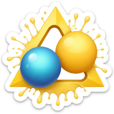 two balls touching each other with a thin triangle coming out from the top, and a yellow splash coming from the triangle sticker