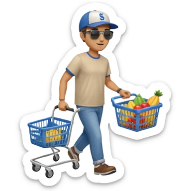 A happy man single walking with an empty supermarket basket sticker