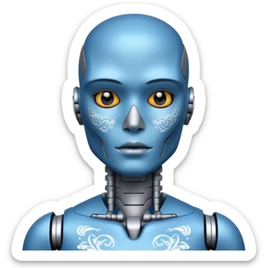 blue Tatooed robot, big many tatooes on chest, neck and face, white tatoo on face sticker