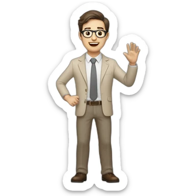 To belt Actively gesturing with hands Pale skinned fit man teacher with dark brown hair in gray jacket, beige office shirt, brown tie, brown pants and vintage glasses. sticker