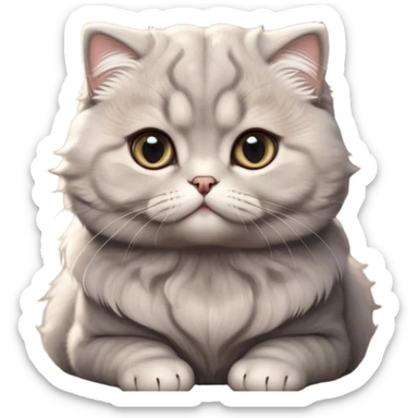 Cinematic Adorable Fluffy Grey Scottish Fold Cat Portrait Emoji, Head tilted cutely with big, sparkling eyes and adorable folded ears, soft grey fur with darker points on the ears, face, and paws, Simplified yet irresistibly adorable features, highly detailed, glowing with a soft, warm glow, high shine, affectionate and playful, stylized with a touch of whimsy, bright and endearing, soft glowing outline, capturing the essence of a curious and loving kitten with the signature charm of a Scottish Fold's unique folded ears, so cute it feels like it could leap out of the screen and snuggle up for a cuddle! sticker