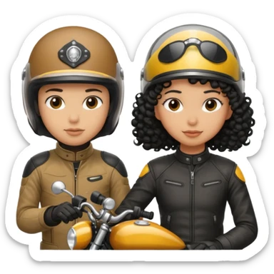 A man motorcyclist and a shorter girl with curly black hair, facing each other. sticker