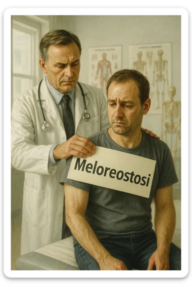 A realistic, cinematic illustration set in a bright, modern medical office. A middle-aged doctor in a white lab coat with a serious expression is shown gently placing a large paper label on the shoulder of a male patient sitting on the examination table. The label has the word 'Meloreostosi' written on it, symbolizing the act of labeling the patient with his rare bone condition. The patient looks confused and slightly disheartened, wearing a simple t-shirt with part of his arm exposed, showing subtle signs of bone thickening or deformation associated with melorheostosis. The background includes medical charts and a softly blurred skeleton model, emphasizing the medical setting. The lighting is bright but neutral, conveying a sterile, clinical atmosphere while focusing on the symbolic moment of receiving a diagnosis label. The mood is introspective and slightly heavy, illustrating the emotional weight of being defined by a rare chronic condition in italiano sticker
