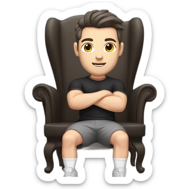 Pale skinned Fit Man With the biceps and dark brown hair in black shirt, gray sports shorts and white Sneakers Sitting on a chair sticker