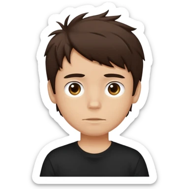 a light tan boy with messy dark brown hair. Wearing a black tshirt sticker