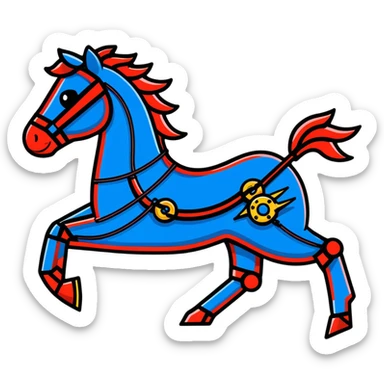 Fast running electric horse made of electricity, metal plates, bolts, visible blue and red wires, with lightning surrounding it sticker