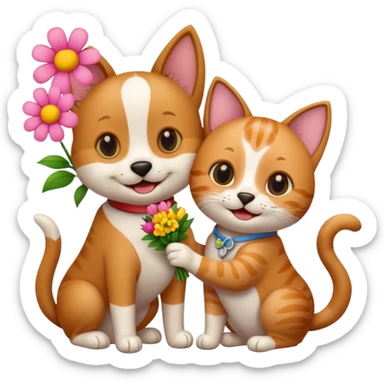 Dog and cat holding flowers sticker