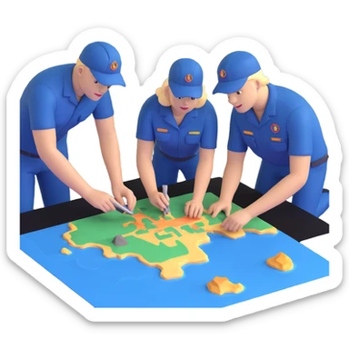 Team of marine geologists examining 3D maps of underwater terrain created from sonar data sticker