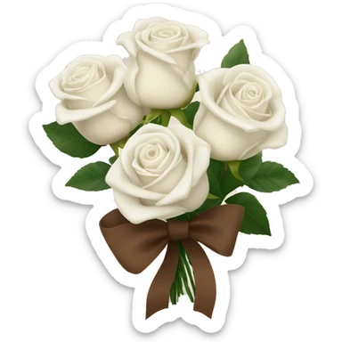 White roses with a brown bow holding the bouquet together and a note that says Ariel sticker