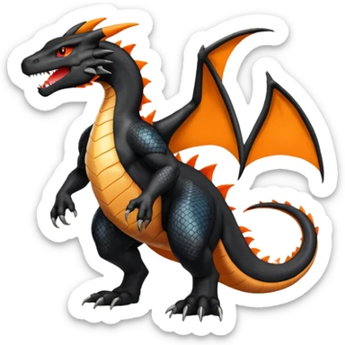 Shiny Black Koraidon-Charizard-Salandit-Fakémon-hybrid-creature (full body) with orange belly sticker