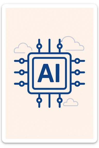 geometric AI chip icon, simple flat design, blue and white colors sticker