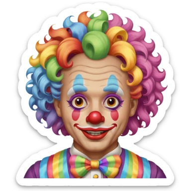Middle-age man with Curly rainbow hair of clown — soft pastel curls tied high sticker
