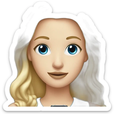 blonde tech reviewer with blue eyes holding an iphone sticker