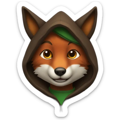 a small dark brown fox with orange eyes with a dark green hood that smile sticker