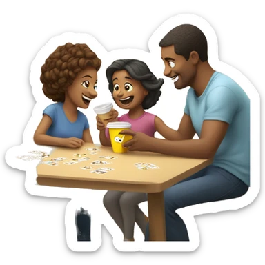 An emoji of a family—mother, father, and child—sitting at a table, playing a cup game with paper cups arranged on the table as they have fun together sticker