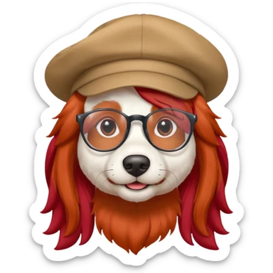 white dog with very red long hair and glassess and hat sticker