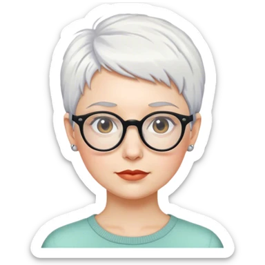 White woman with short pixie white hair glasses sticker