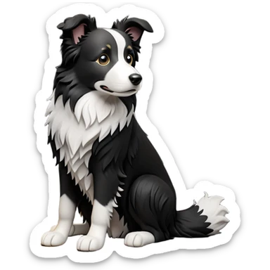 cinematic-[border collie dog]-realistic-full-body-sitting-emoji,-tail-resting-loosely-beside-its-paws,-head-tilted-dramatically,-scruffy-[black and white]-fur,-simplified-yet-realistic-focused-features,-highly-detailed,-glowing-with-an-almost-sarcastic-glow sticker