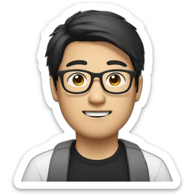 Heavy Asian Man with black neck length hair who wears spectacle with a black and white cat sticker