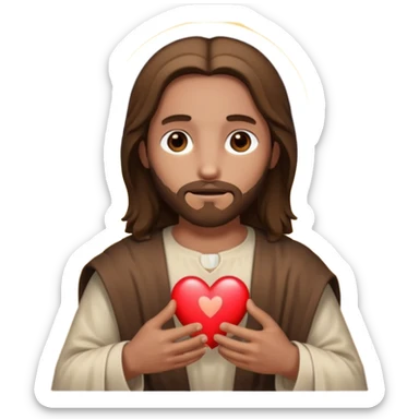 jesus holding a glowing heart emoji. make his eyes brown, and make him look safe. sticker