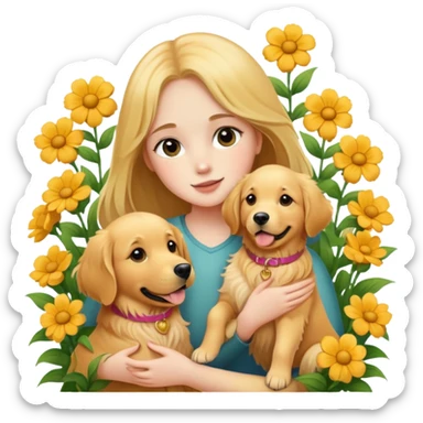 A girl is holding a golden retriever in the flowers sticker