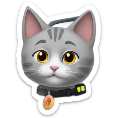 grey cat sitting in a police car. The car is parked outside a doughnut shop sticker