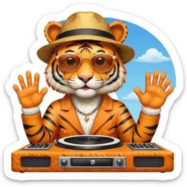 Un tigre con sombrero estilo cubano, una mesa de dj y gafas de sol. Una mano en la mesa de dj y la otra mano señalando al cielo a Dios sticker