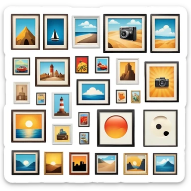 Icon for Photograph and Poster Collecting: a collection of photographs and movie posters, neatly displayed on a wall or in frames. The icon should evoke the nostalgia and artistic value of collecting rare images and posters. Transparent background. sticker