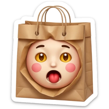 apple emoji style, anxious face, hands holding a paper bag, cheeks inflated, panic breathing sticker