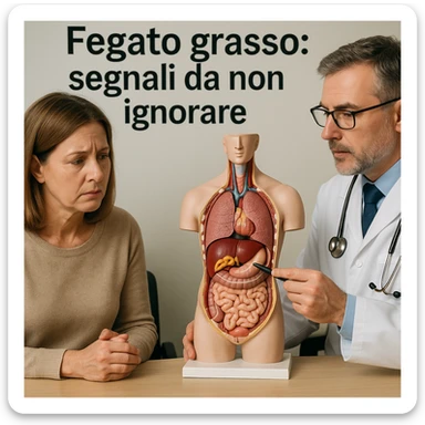 symbolic scene of a person sitting in a clinic, doctor pointing to liver area on anatomical model with yellow areas, Italian text 'Fegato grasso: segnali da non ignorare', 4K quality sticker