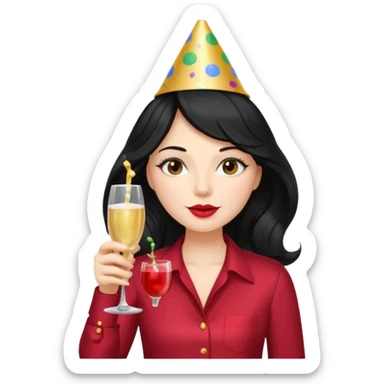 A woman with wavy black hair and a beautiful and authoritative cherry shirt drinking champagne sticker