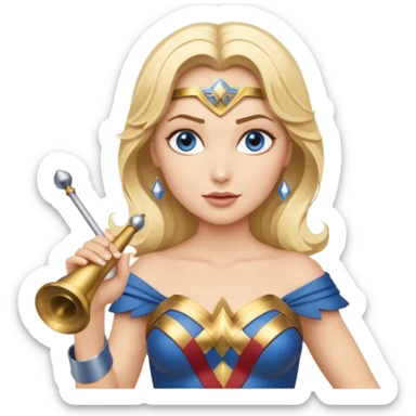 Blonde blue eyed Wonder Woman holding white orchestra conductor’s baton and bell  sticker