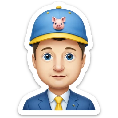 President Zelensky's head on a pig body wearing a yellow and blue hat sticker