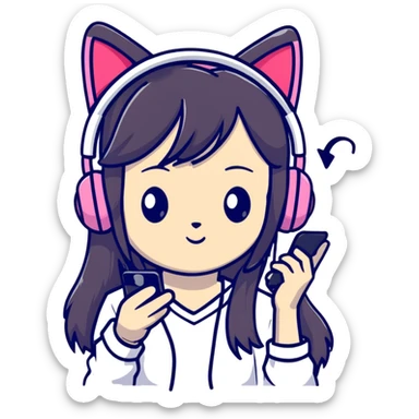 Super kawaii Japanese girl with long hair wearing cat ear headphones and holding a mobile phone sticker