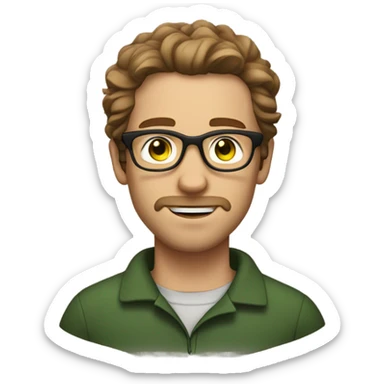 GREEN eyes, white male , brown wavy hair, brown glasses, stubble sticker