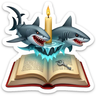 Icon for Horror & Mystery Reading: an open book with eerie glowing symbols, from which rise Dracula with fangs, flying bats, a zombie hand, and a lurking shark with sharp teeth. Surrounding elements include a flickering candle and an old key. Transparent background. sticker