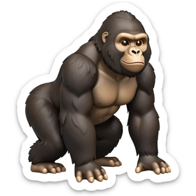 cinematic-gorilla-realistic-full-body-on-all-fours-emoji,-exuding-strength,-thick-dark-fur-in-the-light,-head-tilted-dramatically,-deep-friendly-eyes-filled-with-intense-intelligence,-simplified-yet-realistic-focused-features,-highly-detailed, zoomed out friendly  sticker