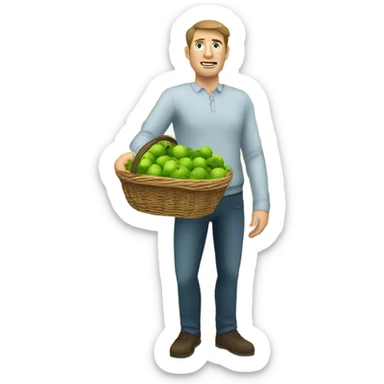 A white man with brown hair and tall carrying many limes in his hands in a supermarket. Make it so the limes are nearly overflowing the basket. sticker