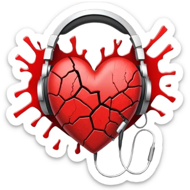 A broken red heart with wired headphones around it sticker