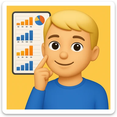 Person thinking with graphs in the background, apple emoji style, smiling with a closed mouth (no teeth), with a yellow background. The style should resemble apple emojis with concise details. sticker