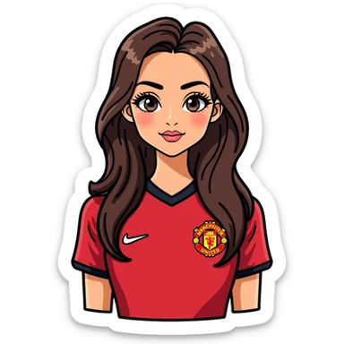 Cute girl with long straight brown hair, brown eyes with mascara, makeup, wearing a Manchester United red football kit sticker