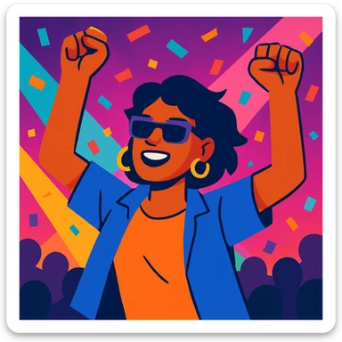 close-up of a person dancing with hands in the air at a concert, confetti, colorful lighting sticker