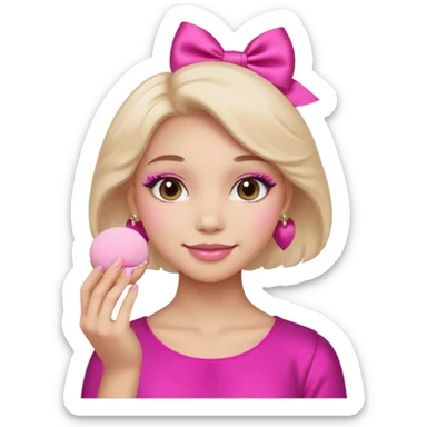 female face, light skin tone, small simple closed smile. One hand visible holding a round fluffy pink makeup powder puff pressed to the cheek; the puff has a small satin bow. sticker